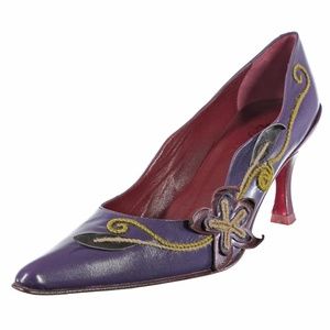 NEW SARA NAVARRO Heels Pumps Floral Appliques Purple Leather Sz. 37.5 C 7 C US